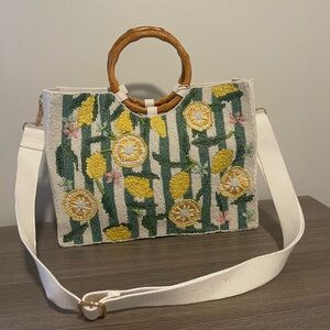 Sol and Mer Floral Lemon Beaded Tote Handbag with Bamboo Handle